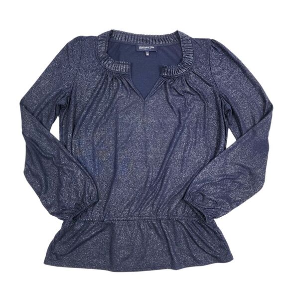 Jones New York Metallic Top Navy Silver Peplum Long Sleeve Pullover Size MP - Picture 4 of 15
